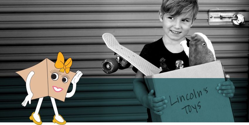 Graphic of a storage box and a child with belongings in a storage box