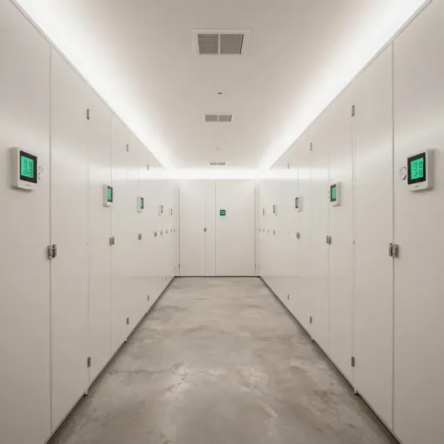 Clean indoor hallway of climate controlled storage units