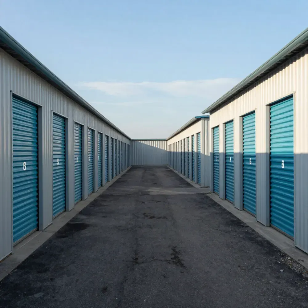 Rows of drive-up self storage units at a Storage Outlet facility