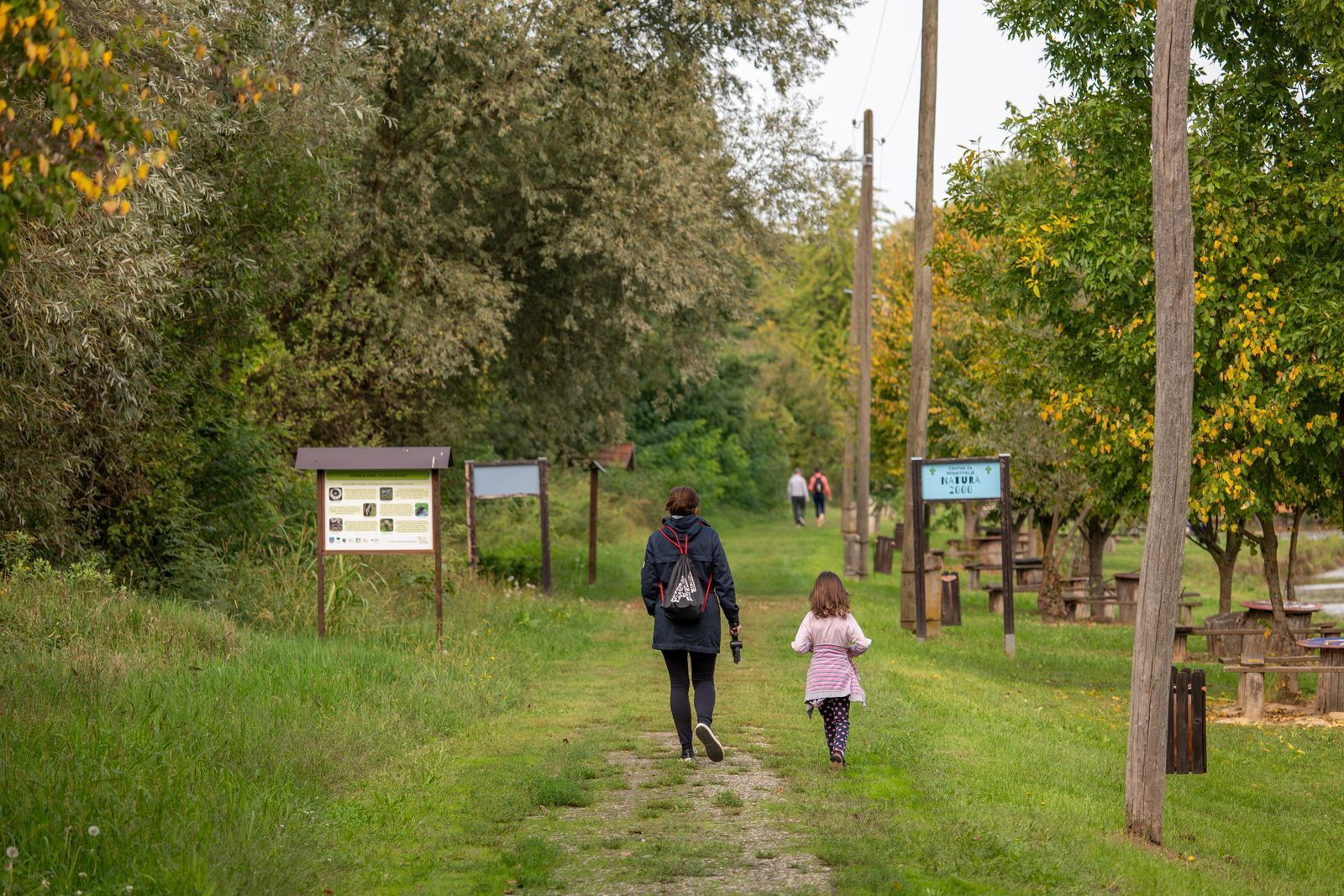 Parent and child walking along a grassy park trail
