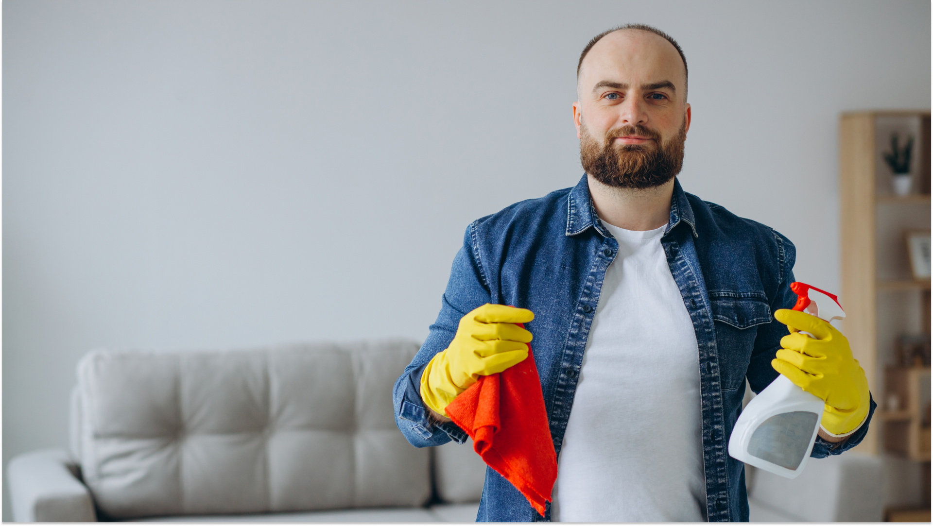 man holding cleanign supplies in a living room