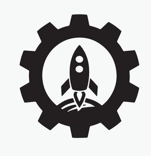 Black gear with a rocket ship taking off from a planet, inside.