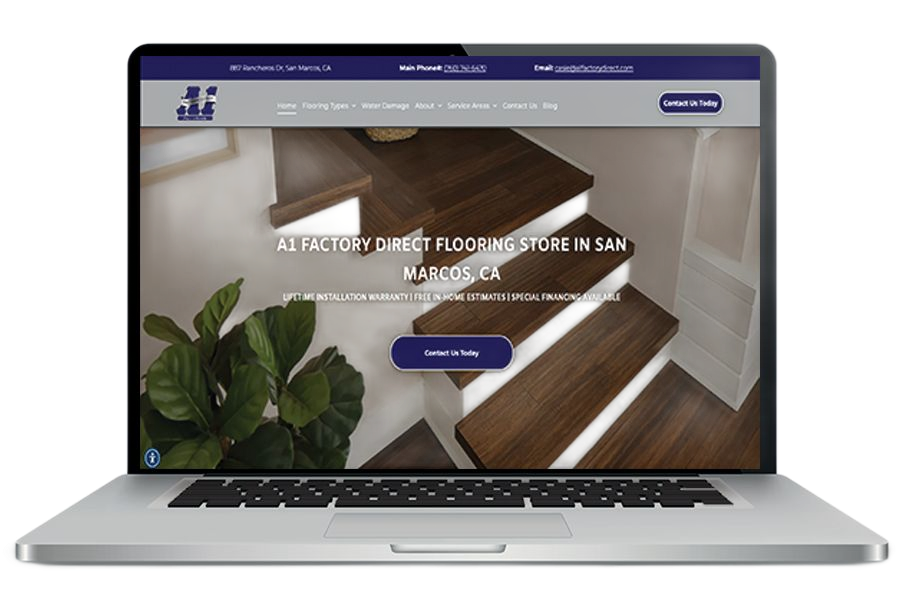 Laptop displaying website of a flooring store in San Marcos, CA; featured image of a wood staircase.