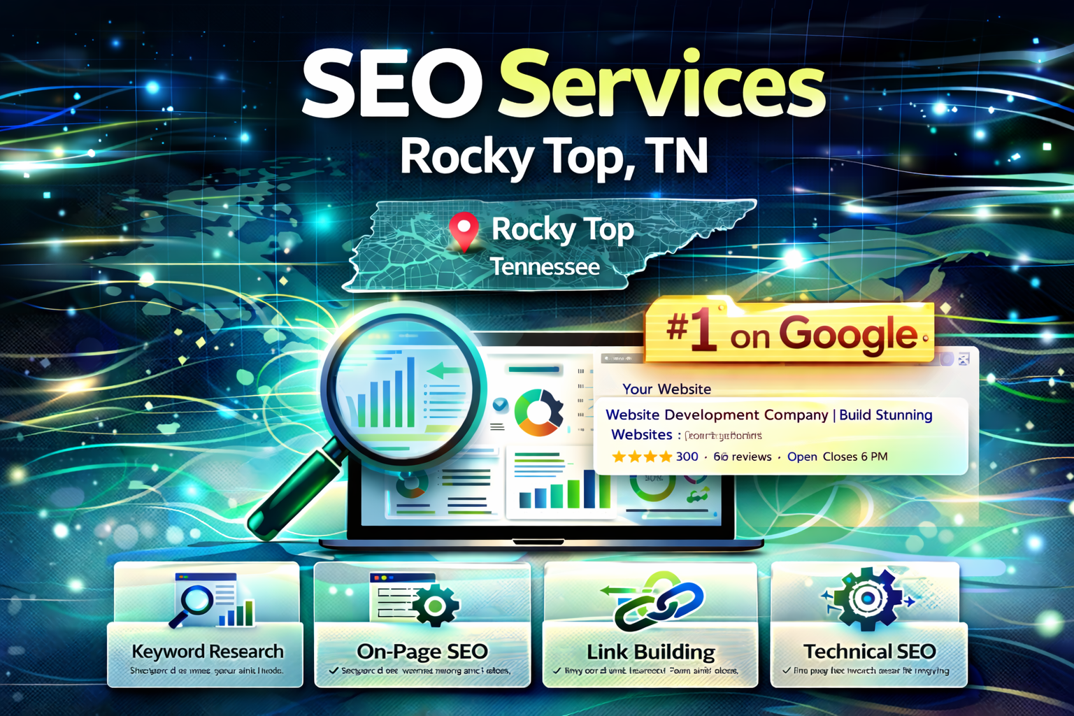 An advertisement for SEO services in Rocky Top, TN, showing a laptop, a magnifying glass, and a search result ranking.