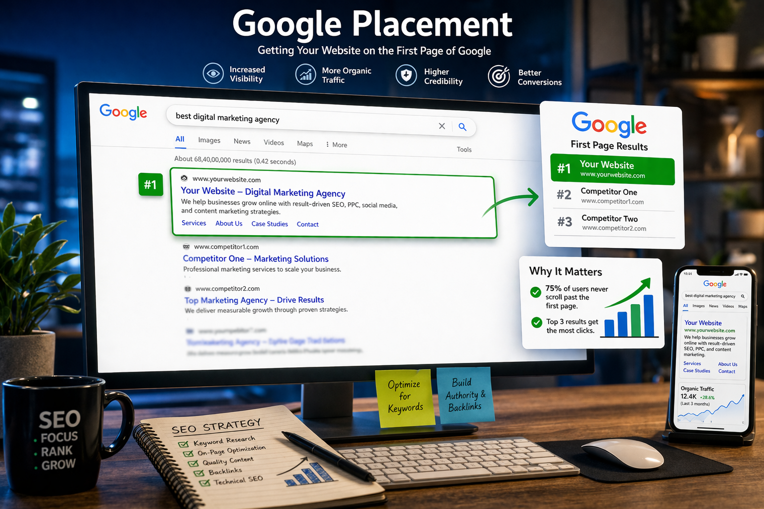 A computer monitor displays a Google search result, highlighting services for top-page website placement and SEO growth.