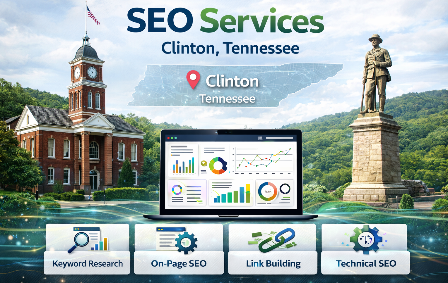 An SEO strategy diagram with a central compass icon and four surrounding modules: keyword research, content, links, and data.
