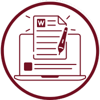 Laptop displaying a document and pen, inside a burgundy circle.