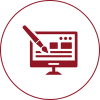 Red icon of a computer monitor with a paintbrush, inside a red circle.