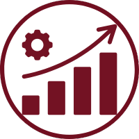 Burgundy gear and increasing bar graph with upward trending arrow in a circle.