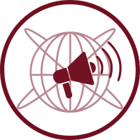 Burgundy megaphone emitting sound waves over a wireframe globe, inside a matching circular border.