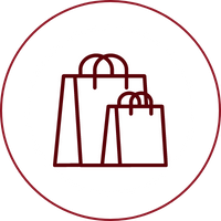 Two shopping bags, outlined in dark red, inside a red circle.