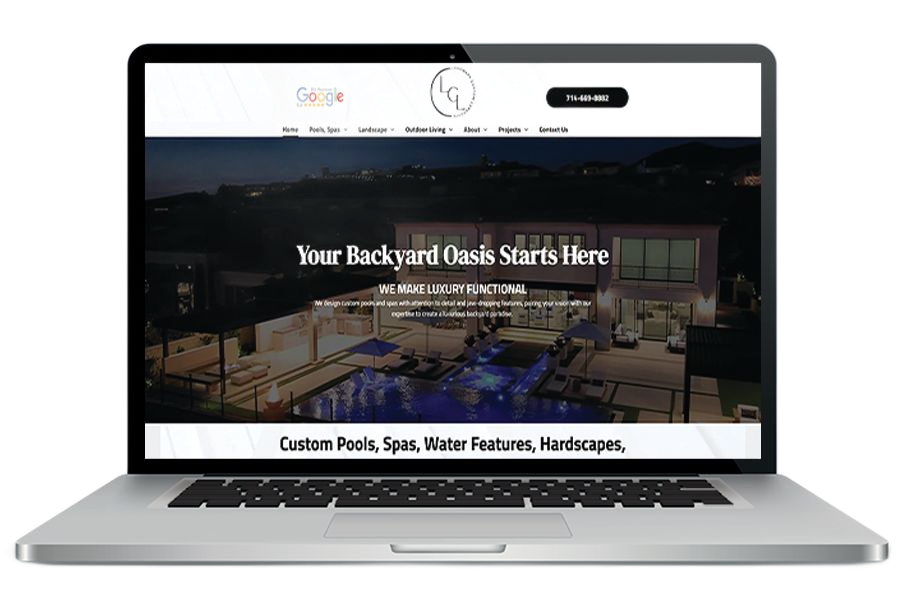 Laptop displaying a website for a pool and spa company, featuring a nighttime image of a luxury pool area.