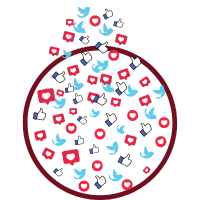 Circle filled with social media icons, including hearts, thumbs-up, and Twitter birds.