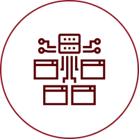 Red and white icon of a server connected to multiple browser windows via circuit board lines.