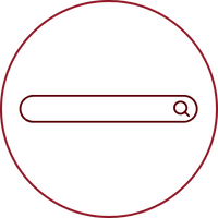 Search bar icon within a maroon circle.
