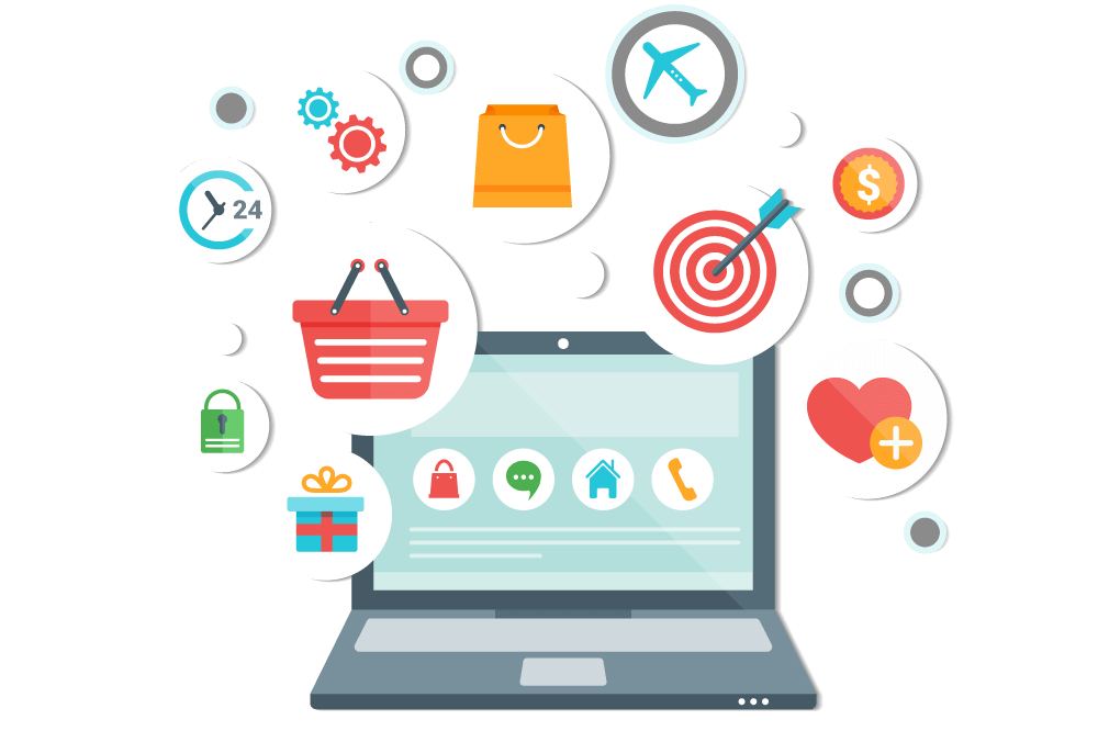 Laptop with icons representing online shopping and marketing concepts.