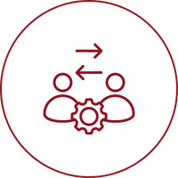 Two people with gear icon, arrows exchange, in a circle.
