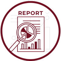 Icon of a report with a magnifying glass over a pie chart and bar graph.