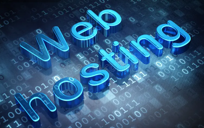 Blue 3D “Web Hosting” text over a background of binary code