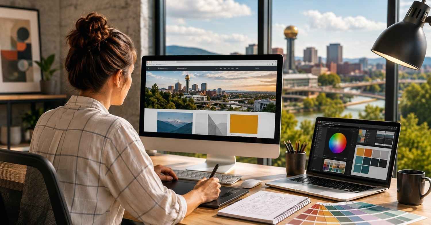 Person working at a desk with a desktop and laptop, editing a cityscape design in a bright home office.