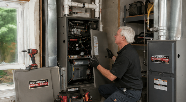 Technician inspecting an open furnace in a utility room, with HVAC equipment and ducts nearby