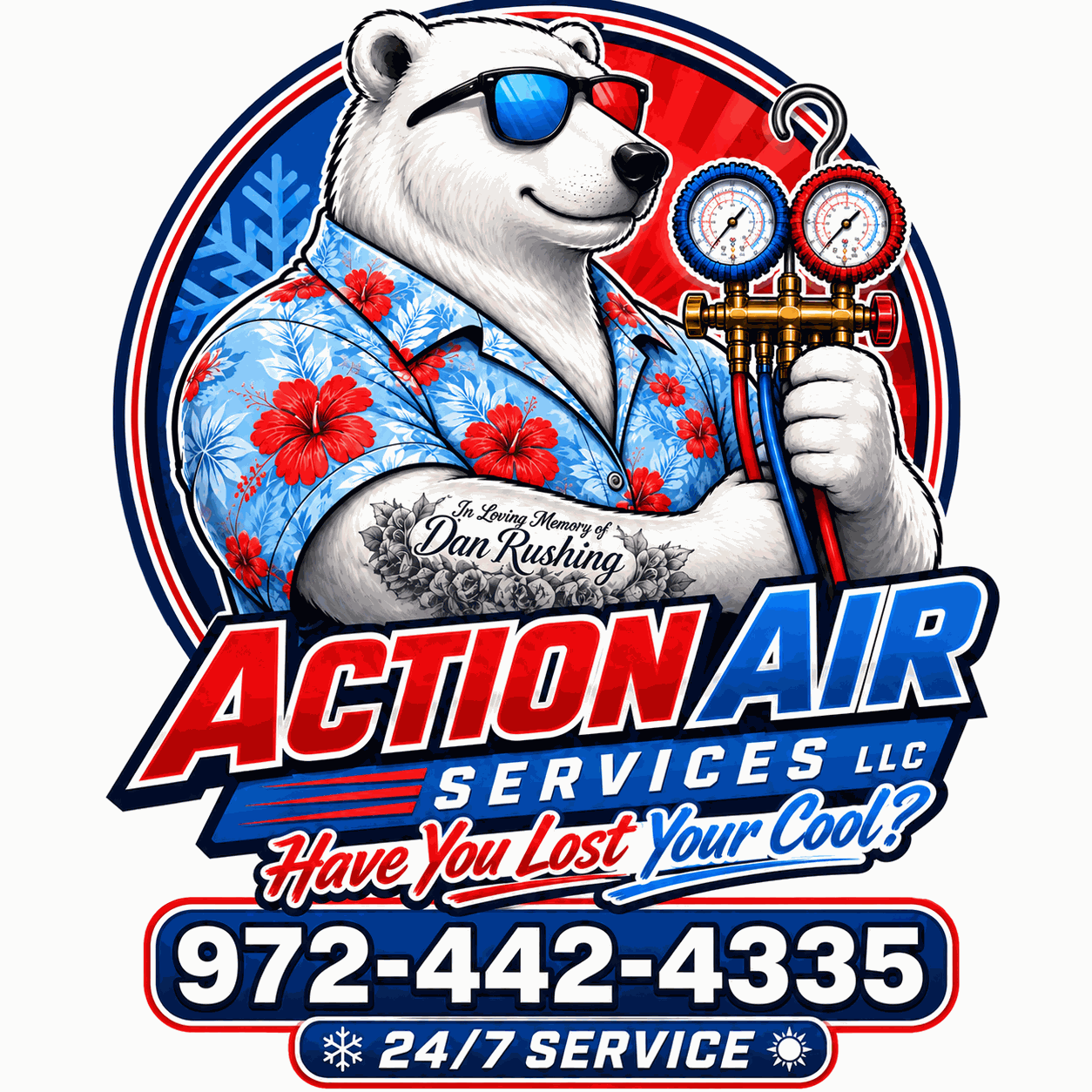 Polar bear mascot for Action Air Services LLC holding gauges, with phone number 972-442-4335 and 24/7 service badge