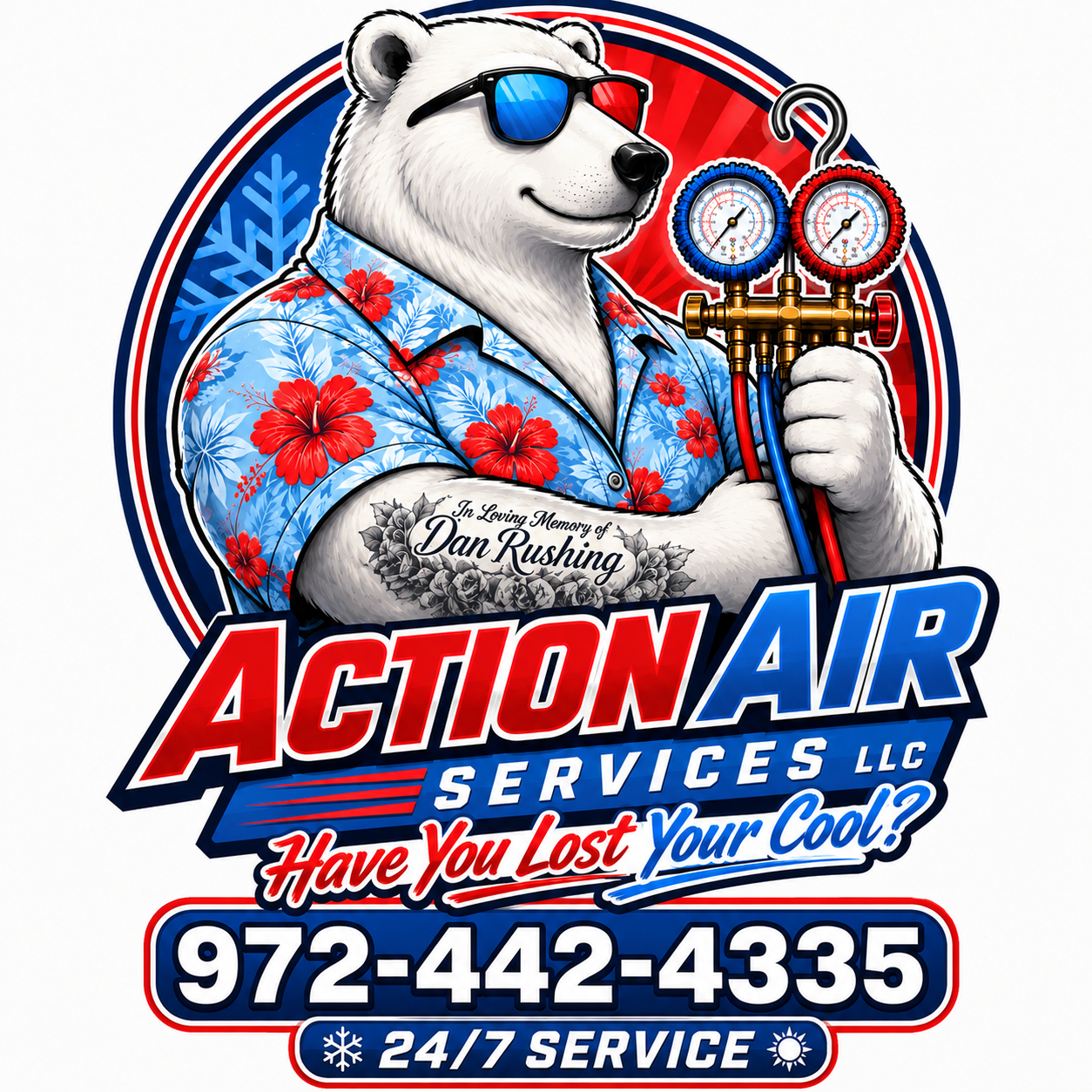 Action Air Services logo with white polar bear, HVAC gauges, and phone number 972-442-4335
