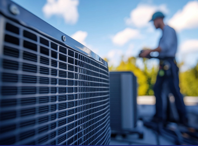Close-up of an outdoor HVAC unit with a technician working in the background.