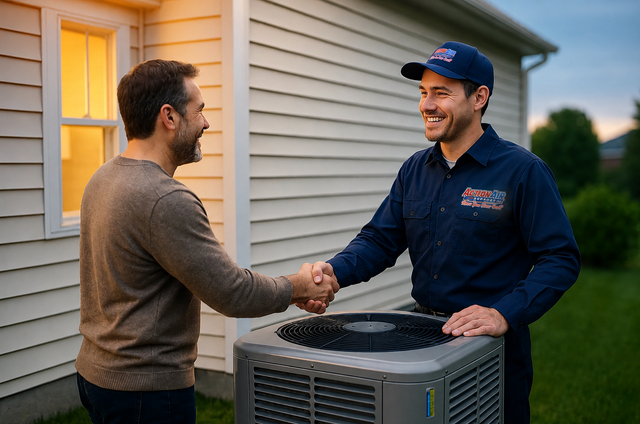 Two men shake hands beside an outdoor HVAC unit at a home, one in a work uniform.