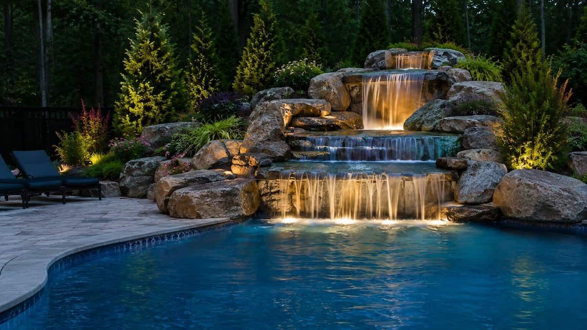 Swimming pool waterfall with a below the water light design