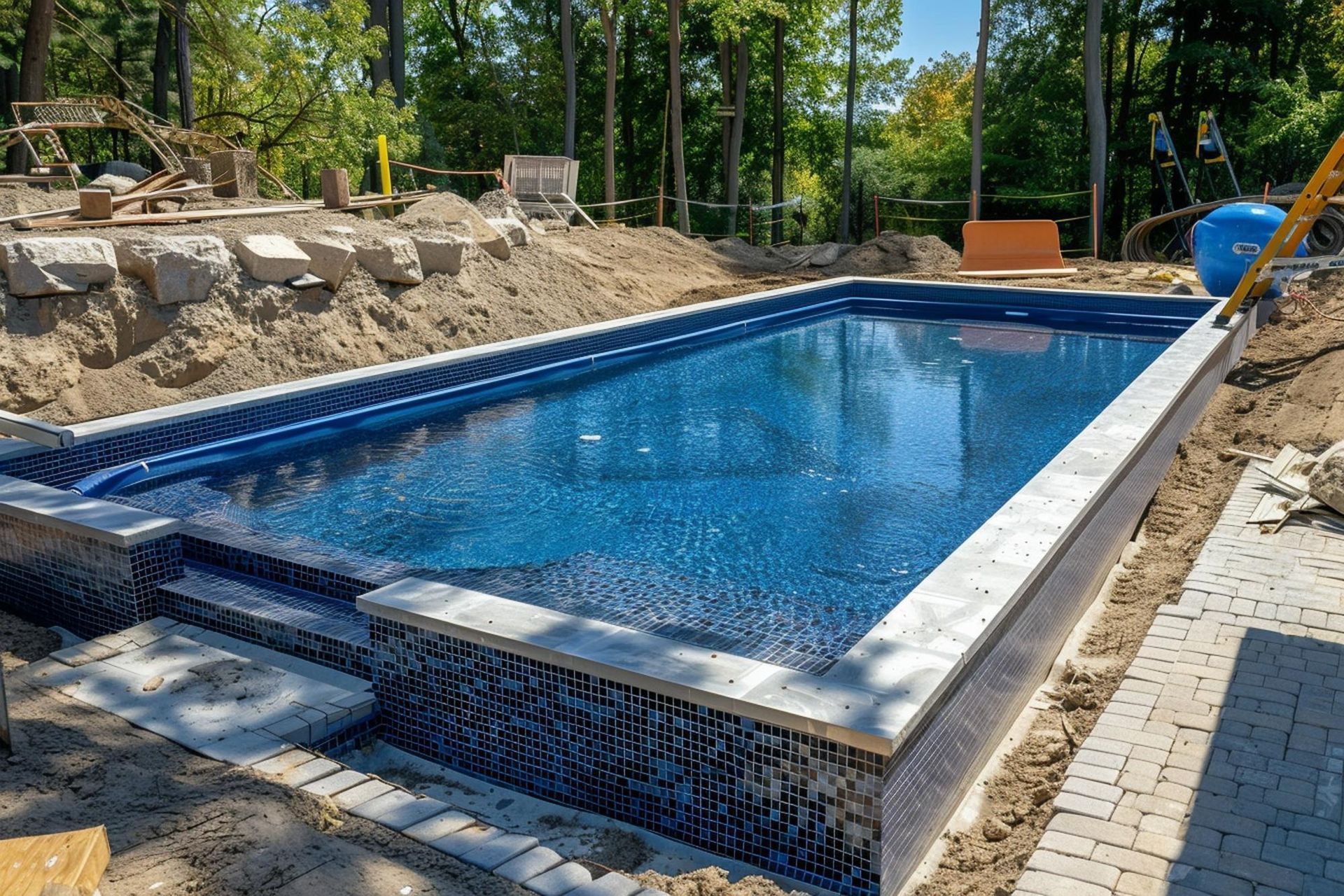 Rectangular blue-tiled swimming pool under construction beside a stone patio and landscaped yard