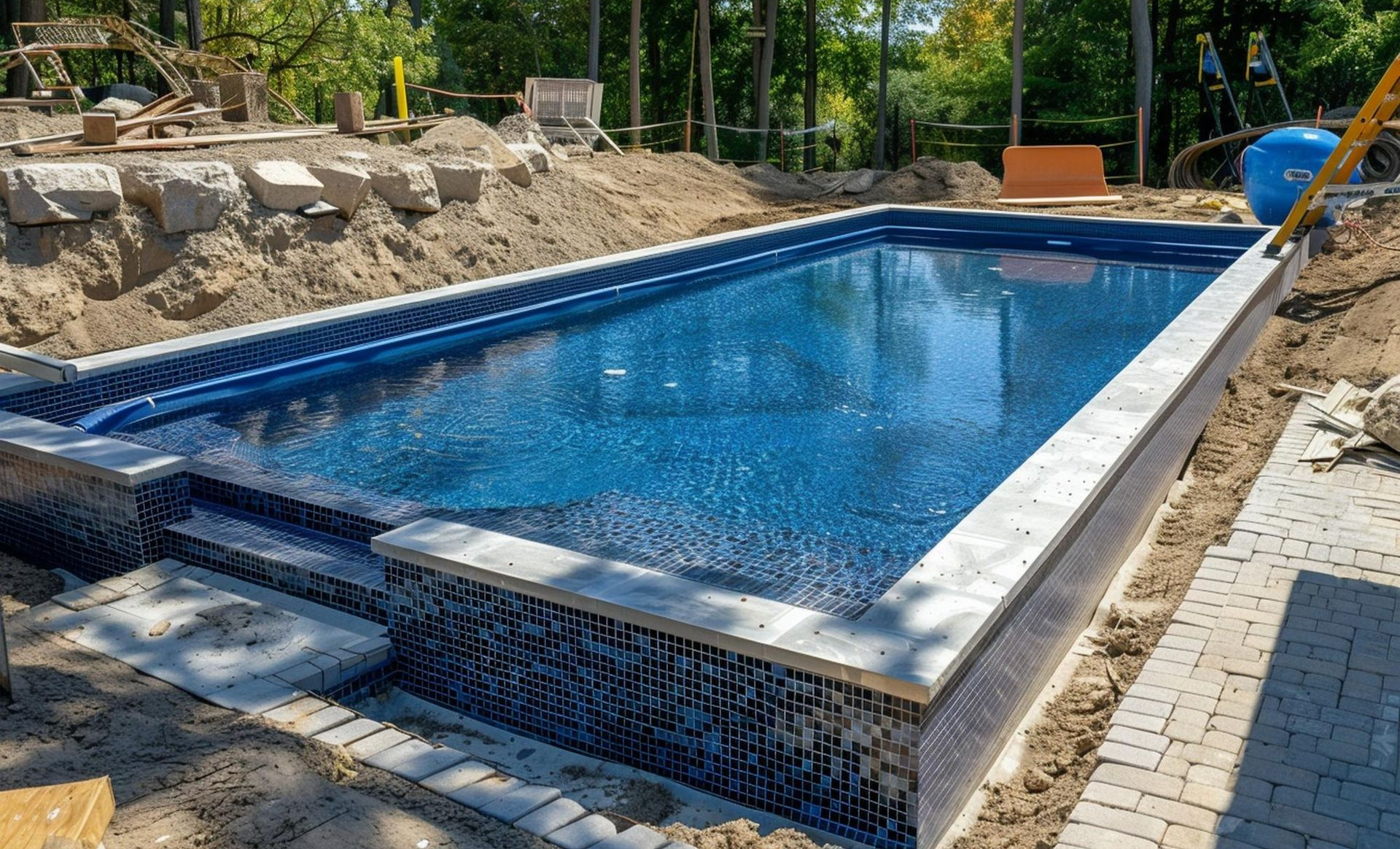 Rectangular blue in-ground swimming pool under construction beside paving and landscaping rocks