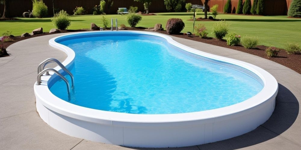 Curved white swimming pool with bright blue water in a landscaped backyard