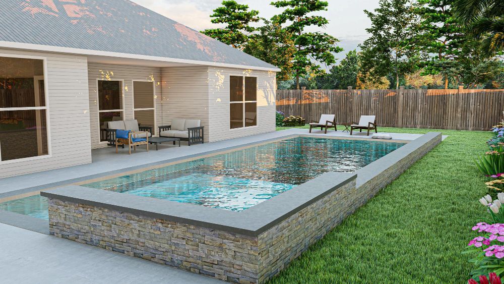 Modern backyard with a rectangular lap pool beside a covered patio and lawn, framed by a wooden fence.