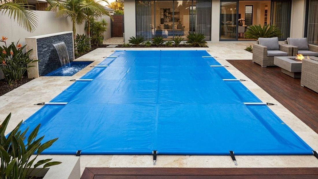 swimming pool with blue cover