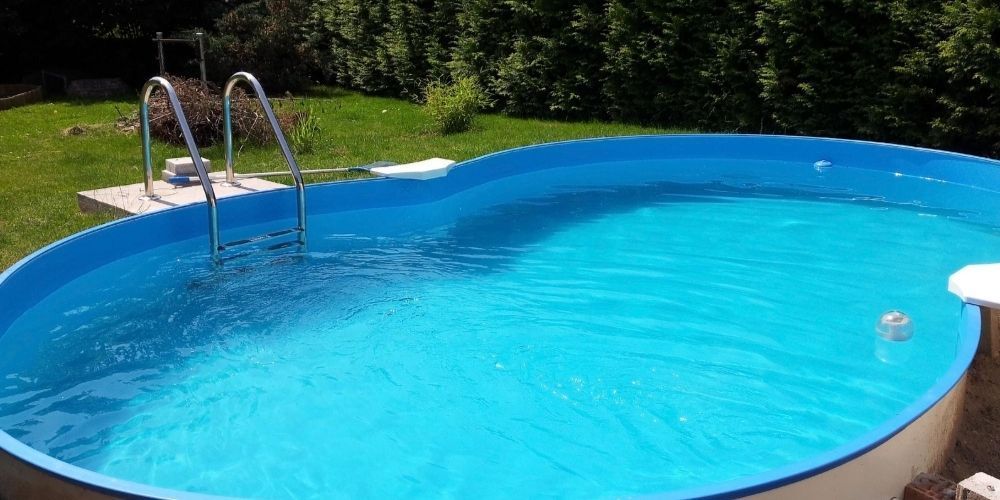 Backyard swimming pool with bright blue water and a metal ladder, bordered by grass and hedges