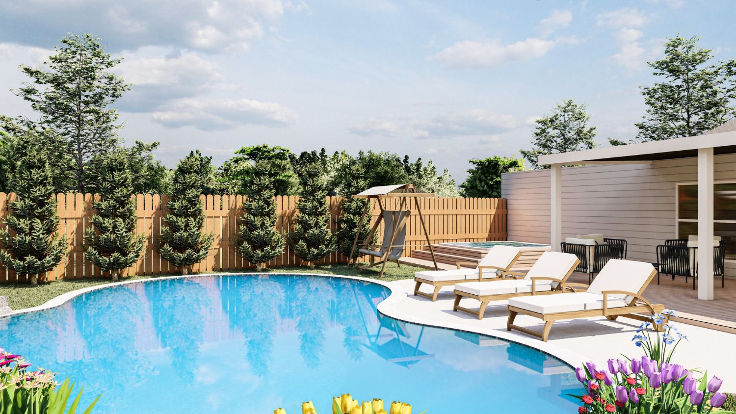 Backyard pool with lounge chairs, wooden fence, and lush greenery under a sunny sky