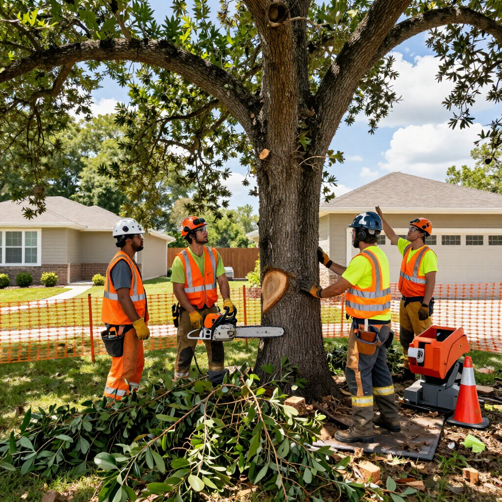 A tree removal crew working safely around a large tree with equipment and cleanup in progress.