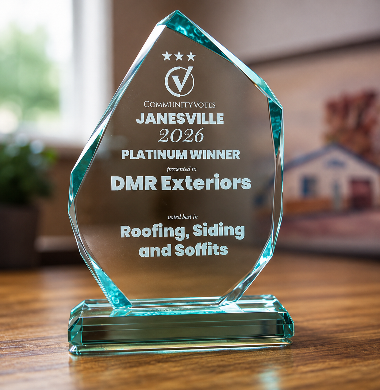 DMR Exteriors 2026 CommunityVotes Janesville Platinum Award for Roofing, Siding and Soffits