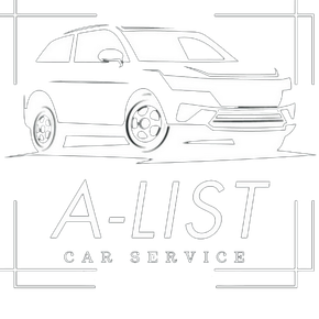 A-LIST Car Service logo with a line drawing of a white car and centered text.