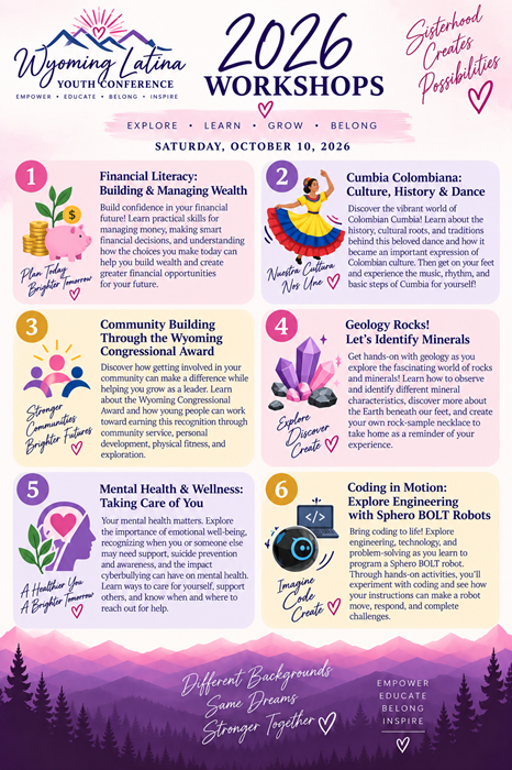 2026 workshops flyer with six colorful event listings over a pink-to-purple sky and mountain silhouette