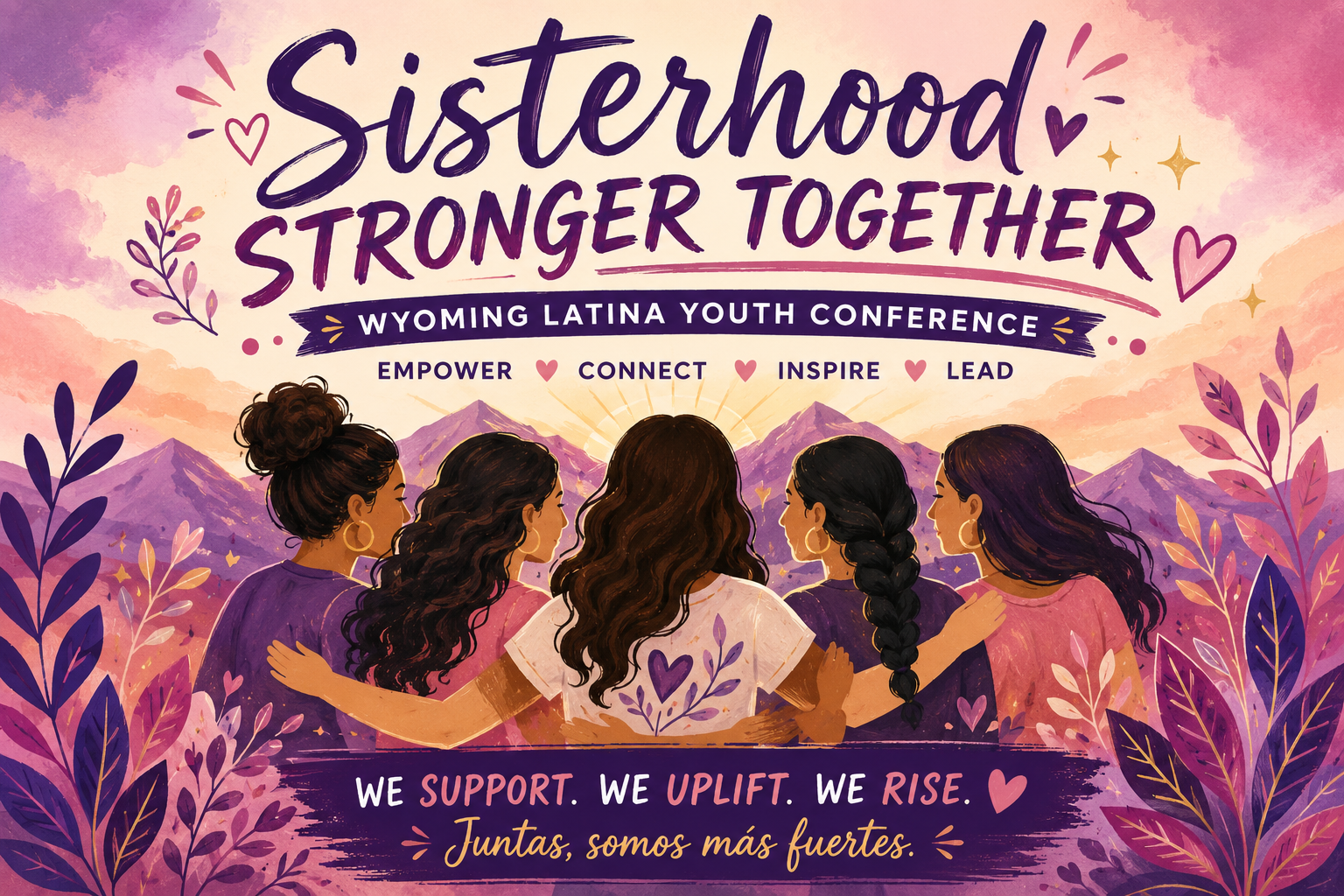 “Sisterhood: Stronger Together” poster with four women’s backs, pink-purple sunset, and uplifting community text
