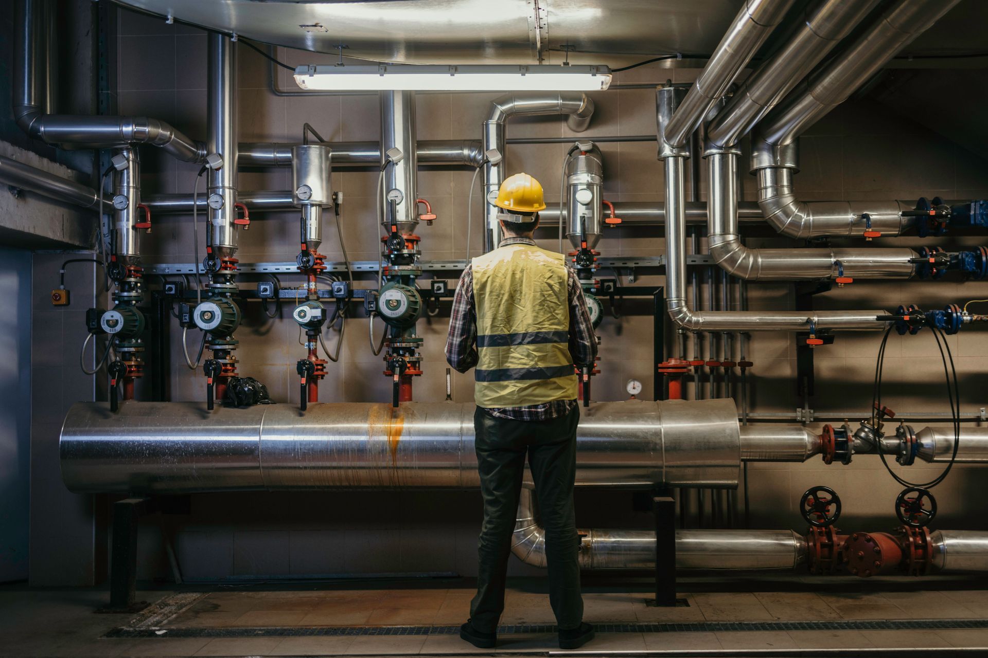 A man in a hard hat is standing in a room with pipes.