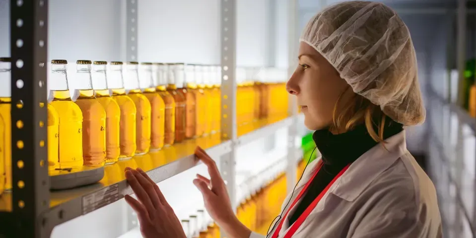 A woman is looking at bottles of liquid on a shelf.