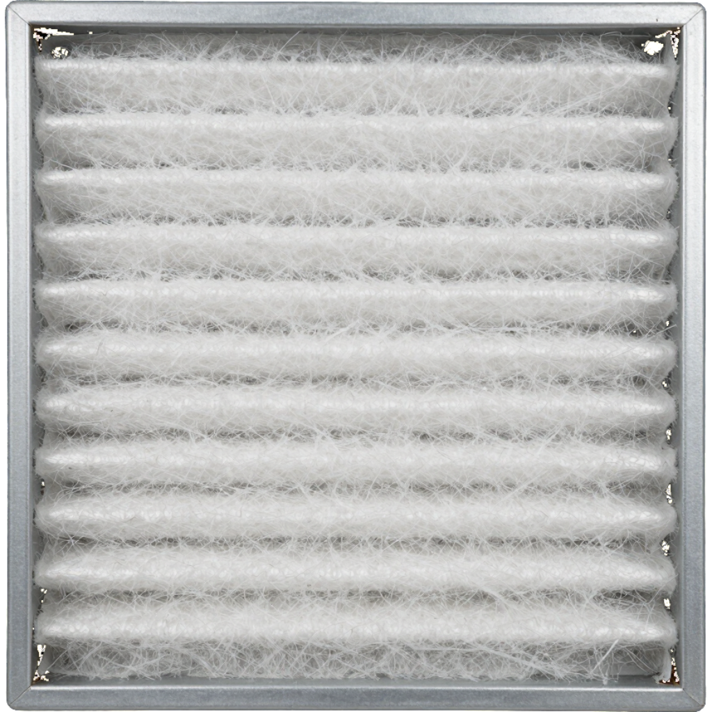 White pleated air filter in a square metal frame