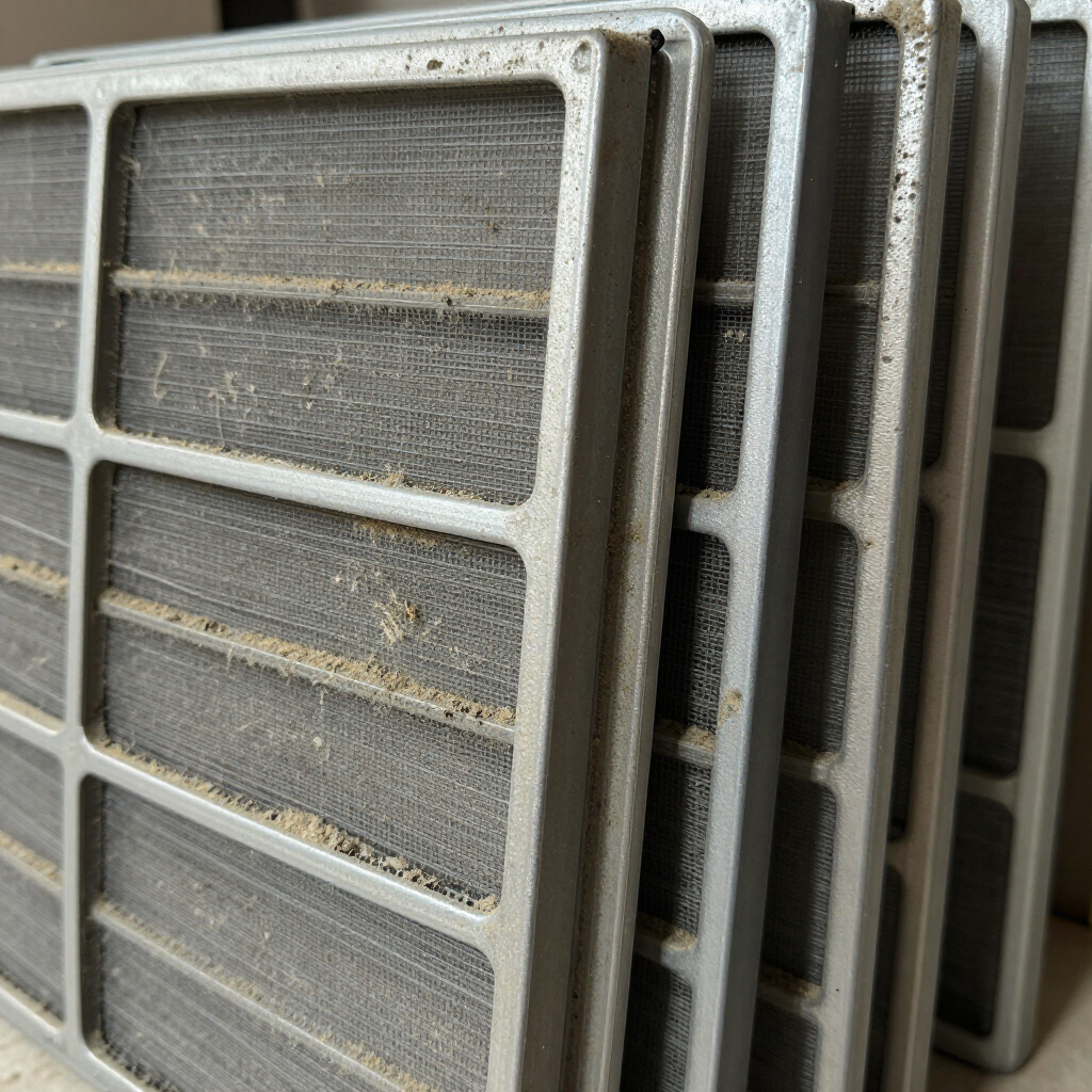 Stacked dusty metal air filters leaning against a wall