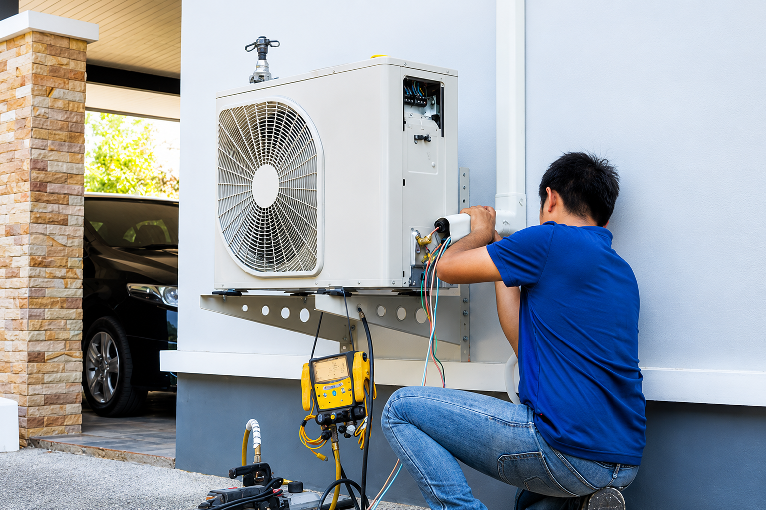 Technician repairs an outdoor air conditioner unit beside a house wall.