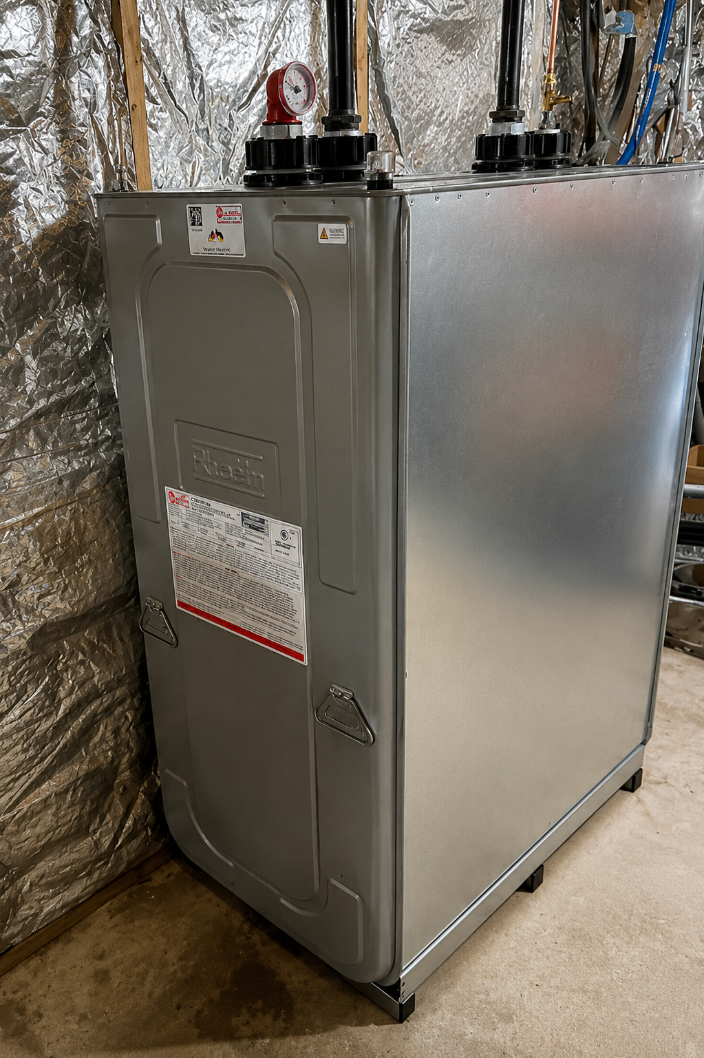 Gray HVAC furnace in a basement utility area with exposed ductwork and foil-lined insulation behind it