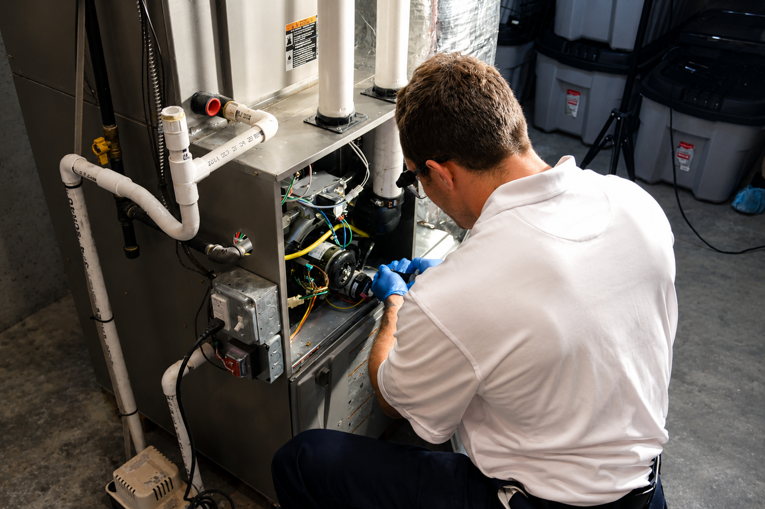 Technician kneeling beside an HVAC unit, inspecting wiring with tools in a utility room.