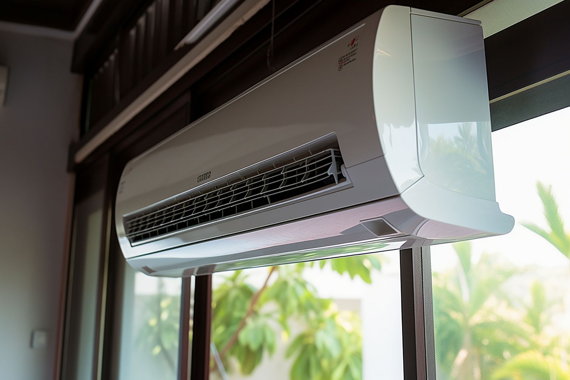 Wall-mounted air conditioner above a window in a bright room